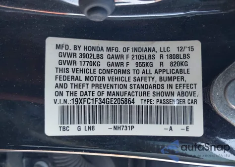 2016 Honda Civic Ex-T z USA, uszkodzony, nr VIN 19XFC1F34GE205864